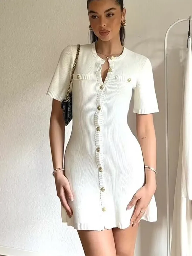 Solid Color Elegant Knitted Mini Dress For Women Metal Button Sexy Slim Rib Sweater Dress Holiday Party Outfits Spring 2025 New