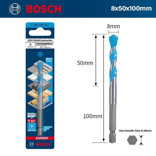 5-delige 4 x 100 mm multi-constructieboor met zeskantschacht voor beton