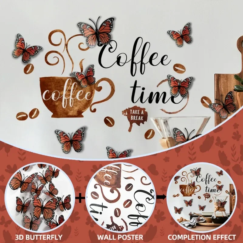 1pcs Coffee Time With 12 3D Butterflies Wall Sticker Removable PVC Waterproof Wall Decoration For Tea Room Restaurant Kitchen