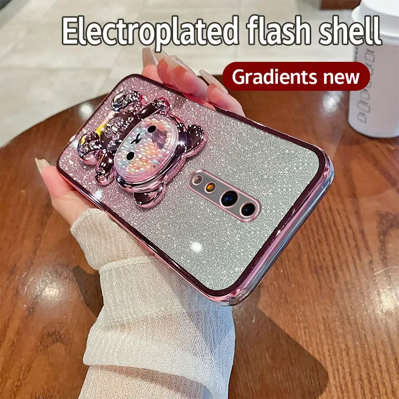 Soft Silicone Bling Shockproof Electroplated TPU Phone Case with Cute Bear Stand