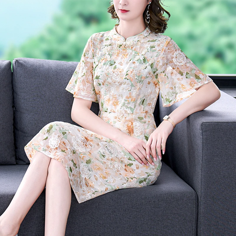 

Женское шелковое платье в китайском стиле, свободное приталенное платье средней длины с коротким рукавом и принтом, Новинка лета 2023