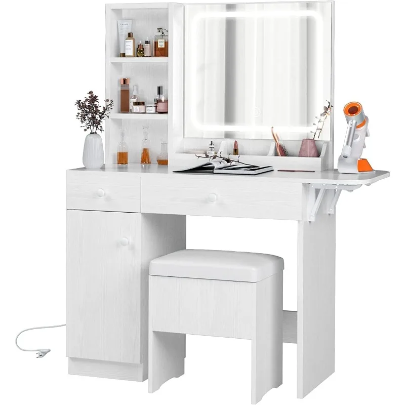 IRONCK Vanity Desk with LED Lighted Mirror & Power Outlet, Makeup Table with Drawers & Cabinet,Storage Stool,for Bedroom, White 1 IRONCK Vanity Desk with LED Lighted Mirror & Power Outlet, Makeup Table with Drawers & Cabinet,Storage Stool,for Bedroom, White 1