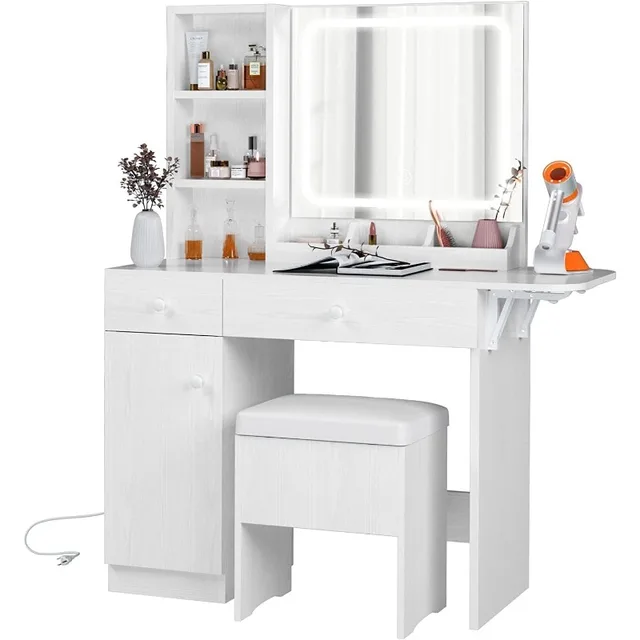 IRONCK Vanity Desk with LED Lighted Mirror & Power Outlet, Makeup Table with Drawers & Cabinet,Storage Stool,for Bedroom, White 1