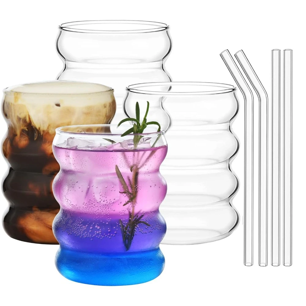 Wave Bubble Glass Set of 4 Iced American Coffee Cups Wave Bubble Glass Drink Cups for Cocktail Whiskey Bar Party 400/13 Oz coffee glass cup
