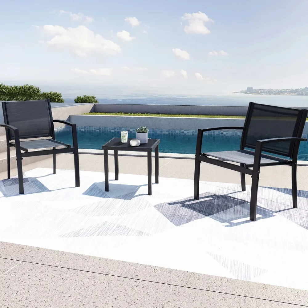 

Vineego 3 Pieces Modern Outdoor Conversation Patio Furniture Sets Textilene Bistro, with Glassed Table Steel Frame, Black