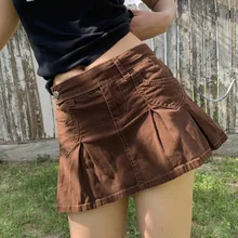 

WeiYao Preppy Style Low Waist Denim Pleated Shorts Skirts Womens Contrast Stitching Aesthetic Vintage Grunge Mini Jean Skirt