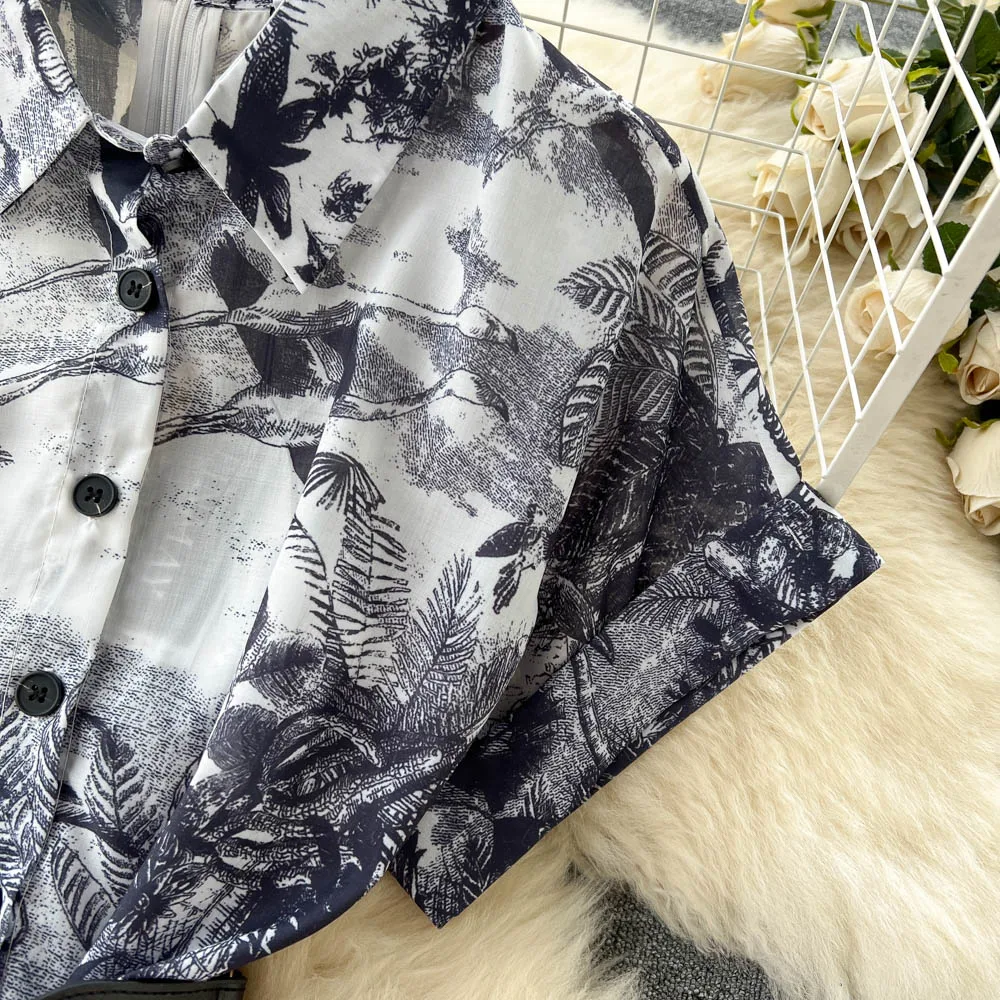 Vintage Tie Dye Print Shirt Dress Women Elegant Summer High Waist Slim A Line Printed Chiffon Long Robe Ladies Casual Long Robe