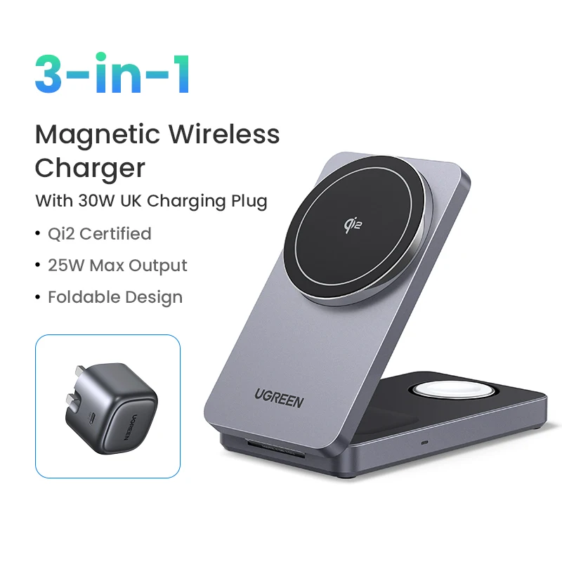 thumbnail image 1 of Cargador inalámbrico magnético UGREEN 3 en 1 MFi de 25 W con soporte de carga Qi2 para iPhone 16 Pro Max/AirPods 4 y cargador rápido MagSafe, 1 of 5