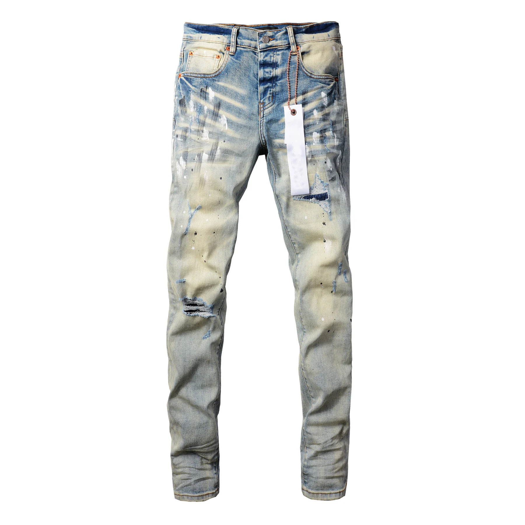 Top quality Purples jeans Men brands with High street blue print letters trousers Fashion Repair Low Rise Skinny Denim pants 2