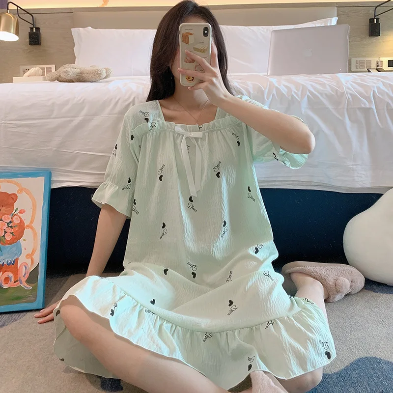 Female Sweet Square Neck Bow Tie Nightdress Summer Thin Soft Cloud Cotton Peignoir Half Sleeve Dress Home Lounge Wear for Women