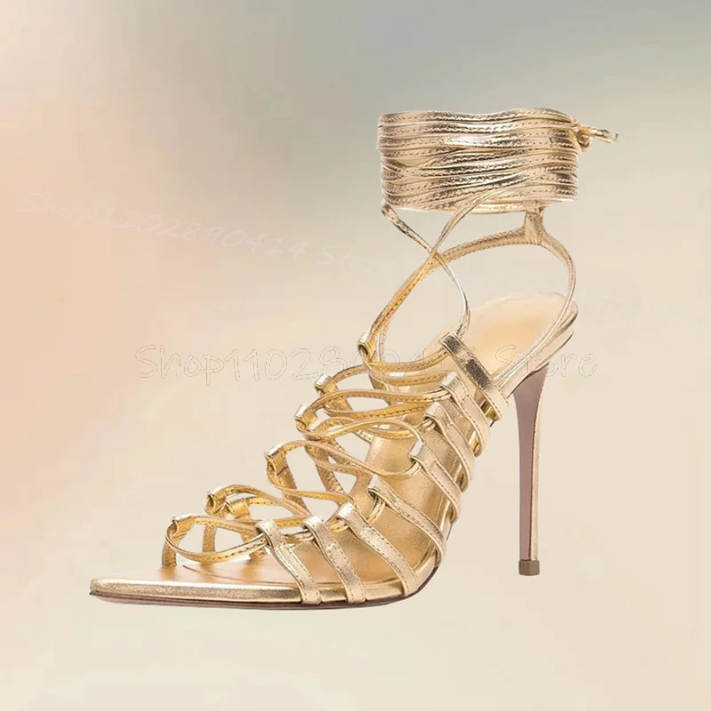 

Gold Strappy Hollow Design Twine Sandals Lace Up Women Shoes Thin High Heels Open Toe Fashion Banquet 2024 Zapatos Para Mujere