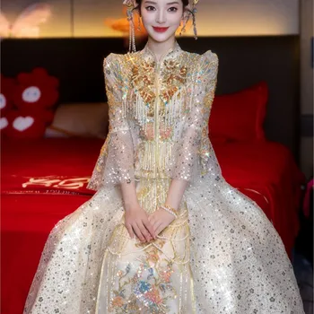 Champagne wedding dress new Chinese-style bride's style thin