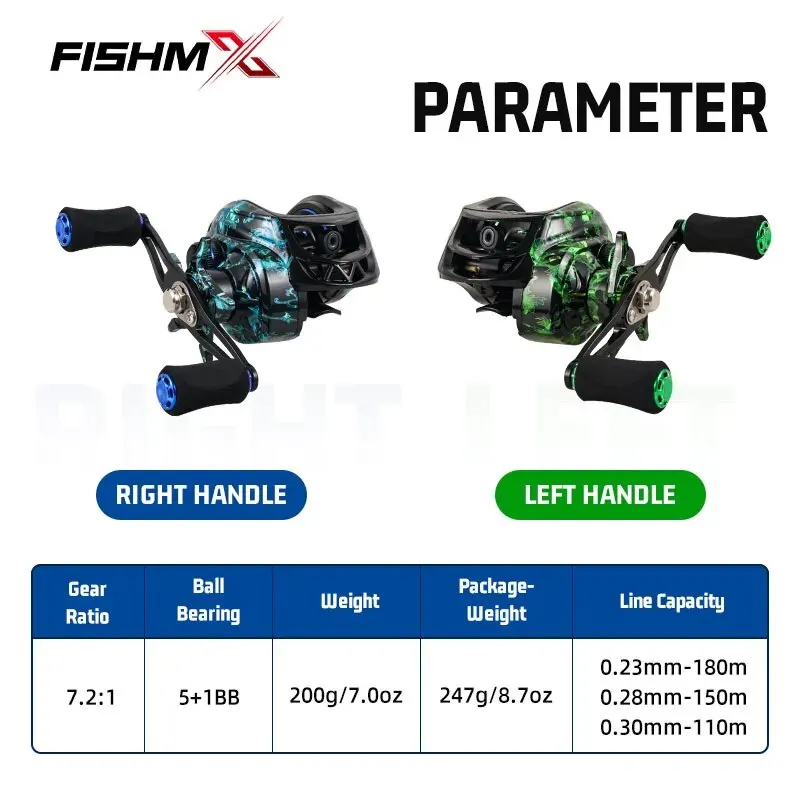 Fishmx 베이트 캐스팅 낚시 릴, 금속 장거리 폭발 방지 라인, 마그네틱 브레이크, 7.2:1 마이크로 낚시 릴