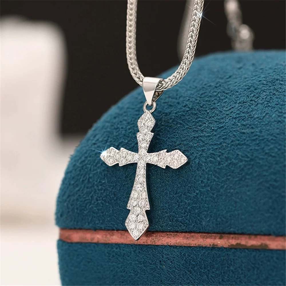 Female Charm Crystal White Zircon Stone Cross Pendant Necklace Vintage Silver Color Wedding Jewelry For Women