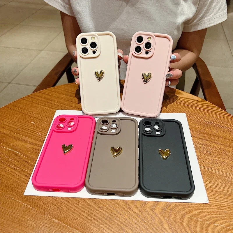 Luxurious 3D Gold Heart Silicone Soft Phone Case - Shockproof Candy Matte Cover
