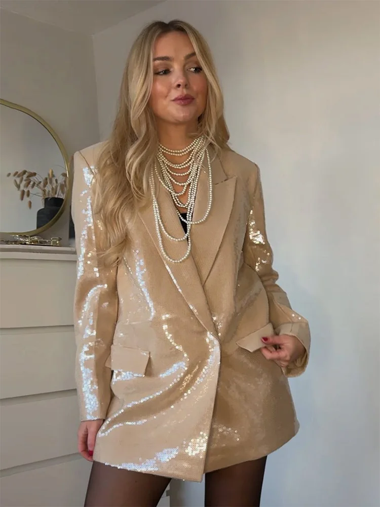 HH TRAF Spring Chic Sequins Blazer for Woman Fashion Turn Down Collar Long Sleeves Jackets Pockets Oversize Female Casual Coats