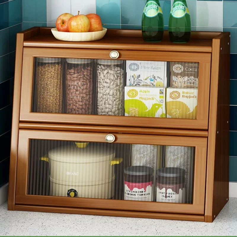 Bamboo Kitchen Storage Cabinet Acrylic Door Tableware Rack Desktop Storage Organizer with Drawers Dish Display Cabinet