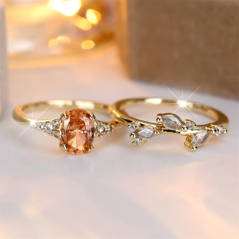 Champagne Crystal Oval Stone Tree Leaf Ring Sets For Women Vintage Gold Color White Zircon Engagement Rings Set Bridal Jewelry