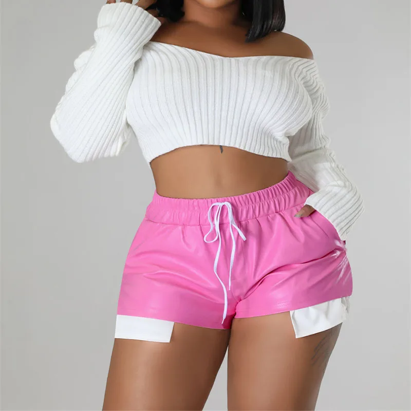 

Vsstiar Fashion Leather PU Women Shorts Black Pockets Elastic High Waist Casual Clothes Summer Elegant Streetwear Female Shorts