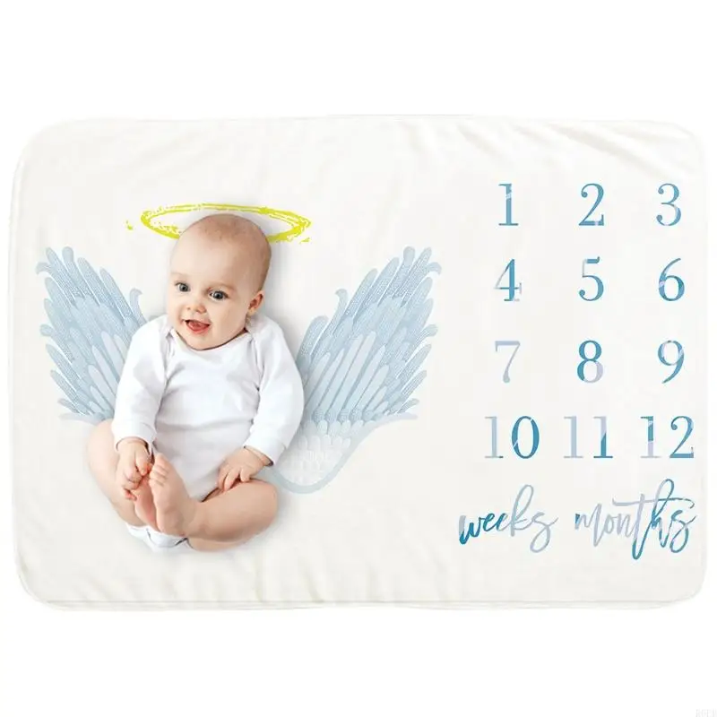 R6FD Baby Month Milestone Blanket Monthly Record Growth Blanket Newborn Soft Flannel Angel Wing Printed Photography 4