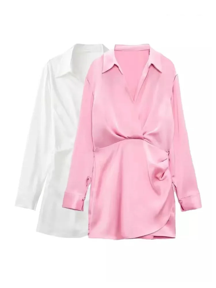 

Summer Woman Dress With Gathered Satin Dress White Long Sleeve Dress Vintage Dress V Neck Female Dresses Vestidos Mujer