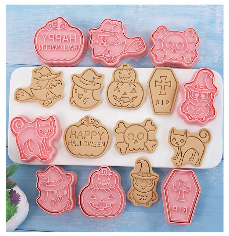Description Picture 3 of itemHalloween Cookies Cutters Plastic Pumpkin Cartoon Pressable Biscuit Mold Confectionery Fondant Cookie Stamp Baking Pastry Tools