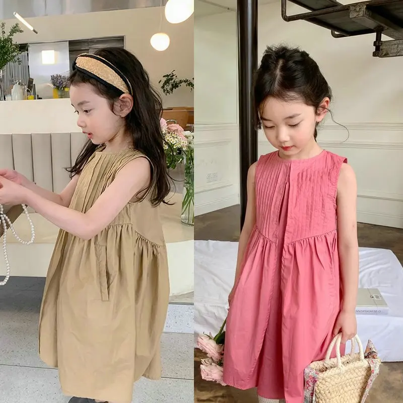 

Girls Skirt Sweet and Cute Solid Color Sleeveless Vest Dress 2024 Summer New Childrens Clothing Baby Girl Dress