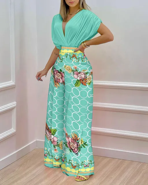 Summer Two Piece Set Women Fashion V-neck Bat Sleeve Top Printed Wide-leg Pants Suit Casual Two Piece Set Women 5