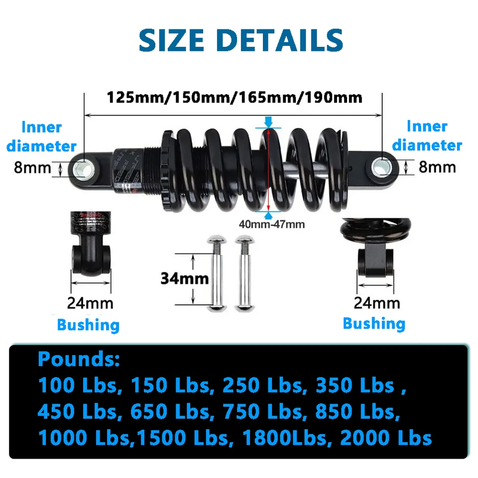 Mountain Bike Rear Shock Absorber Spring - 1000 Lbs/in Rate, Aluminum & Steel, For MTB & E-Bikes (Not For Road Bikes)