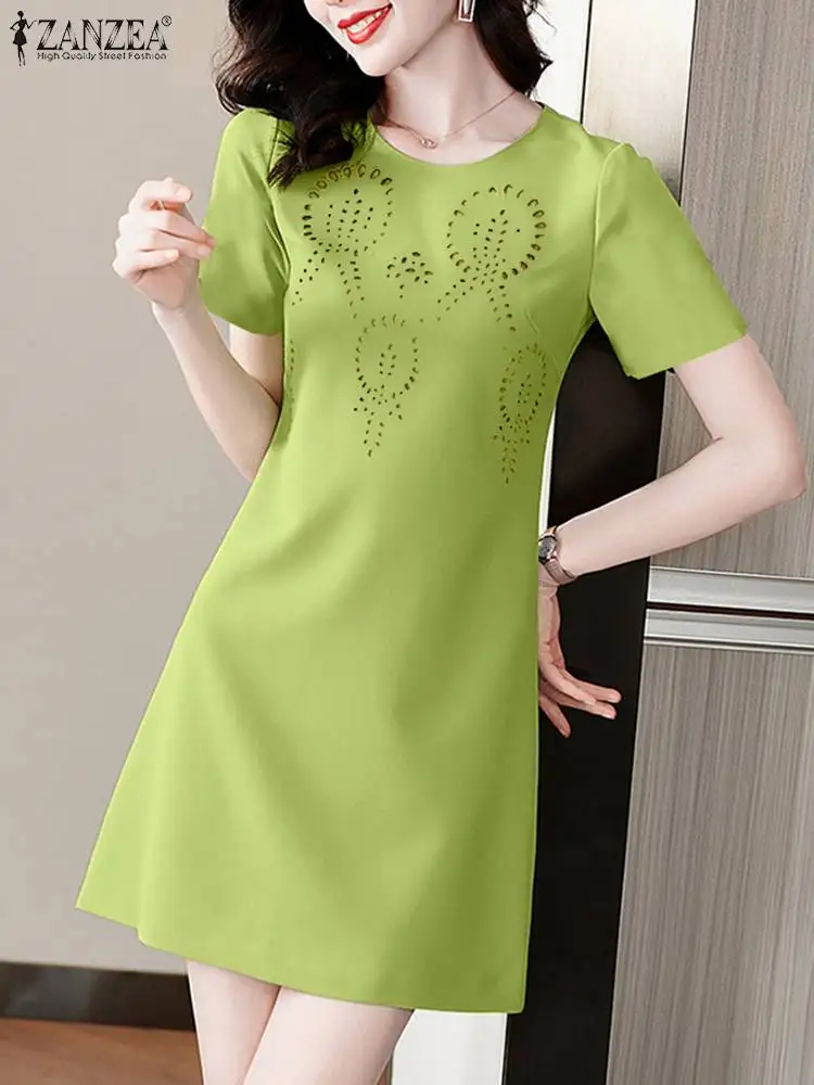 

ZANZEA Women Elegant Collect Waist Mini Dress 2024 Summer Fashion Chic Hollow Out Vestidos A-line Dress Solid Short Sleeve Robes