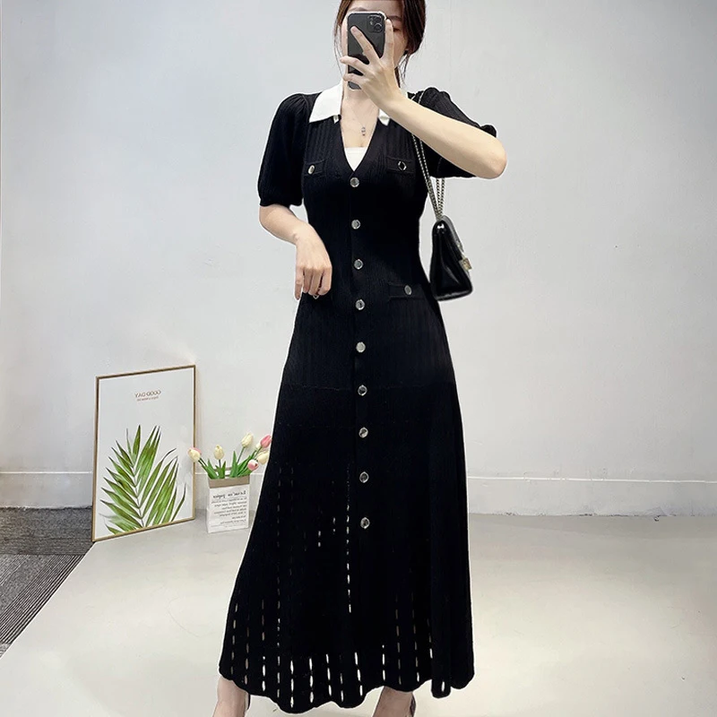 V-Neck Knit Contrast Long Dress Women Hollow Out Lapel Fashion High Waist Elegant Party Dress Knitwear Ladies Maxi Dress