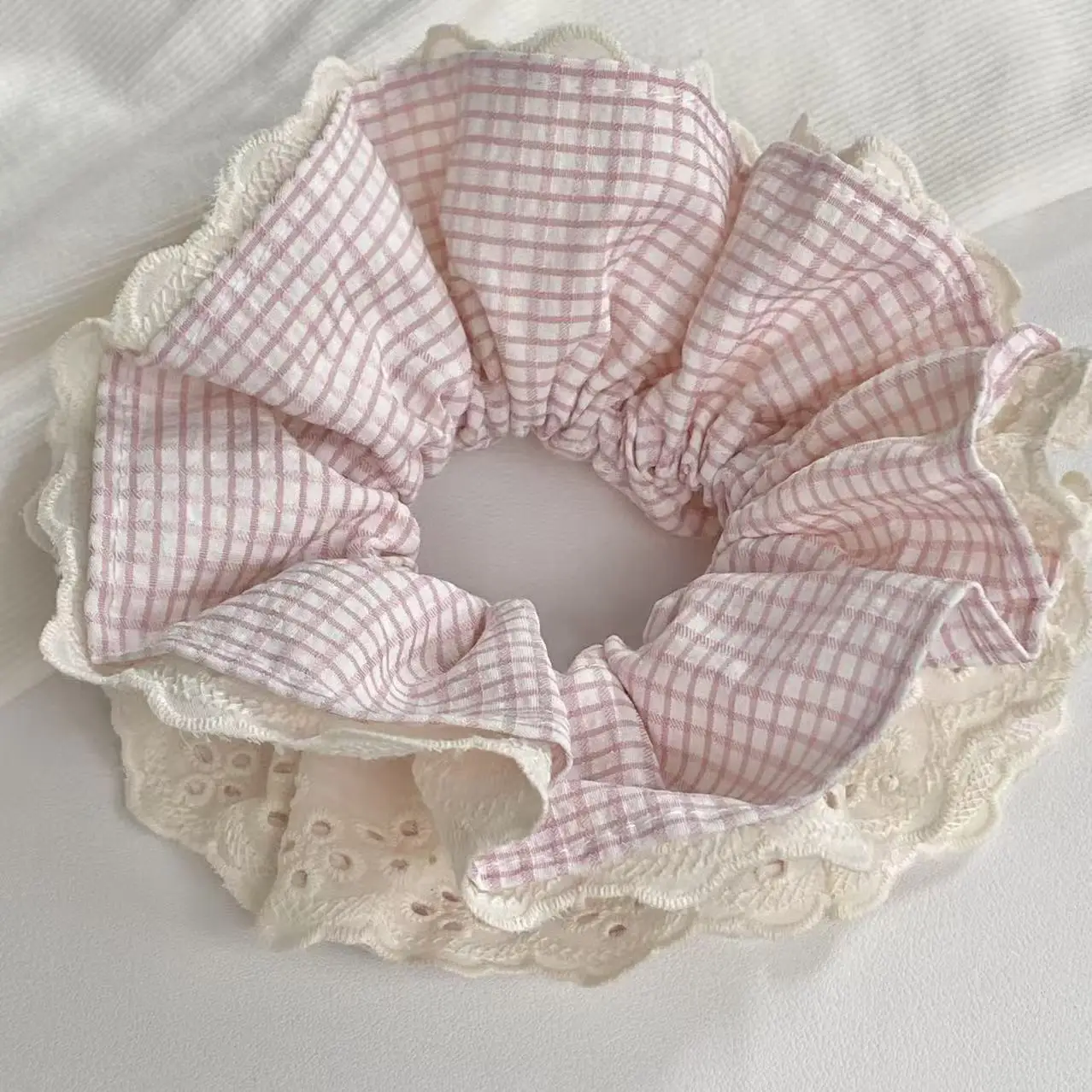 1pc  Sweet Pink Plaid Hair Scrunchie With Lace Trim, Elegant Ruffled Hair Tie, Cute Hair Accessory For Women And Girls