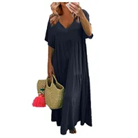 Women Short-Sleeved Dress Summer Simple Comfortable V-Neck Solid Color Large Size Dresses Casual Loose Long Large Swing Dress - Image 3