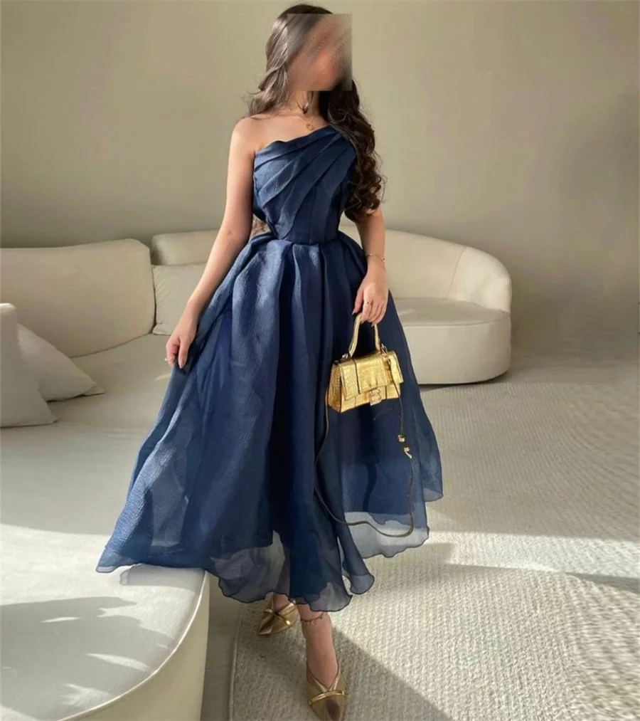 

One Shoulder A-Line Chiffon Formal Evening Dresses Lace Up Tea-length Women Occasion Prom Party Dress