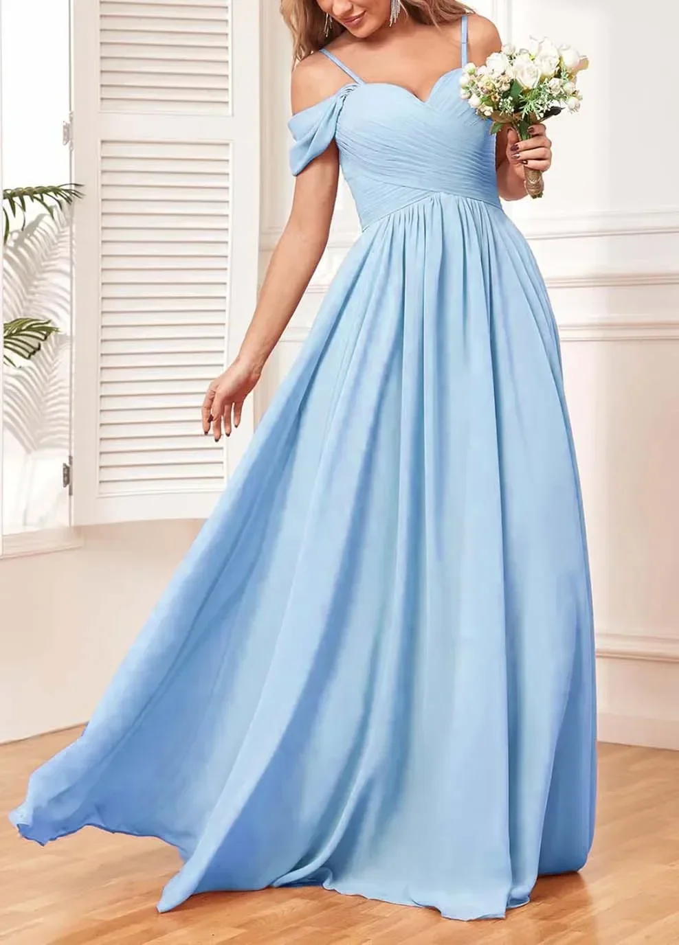 Off The Shoulder Bridesmaid Dresses with Pockets Chiffon Pleated Formal Dress for Women Long Prom Evening Gowns