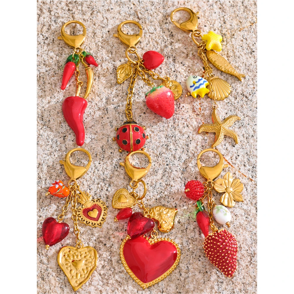 Yhpup Red Enamel Fruit Flower Strawberry Keychain Pendant Car Key Chains