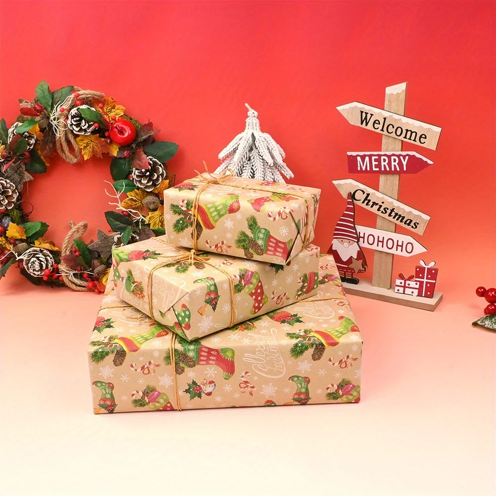 1 롤 크리스마스 포장지 선물 포장지-17인치 x 9.8피트 크래프트 종이, 크리스마스, 파티용 눈 디자인의 왕관과 부츠