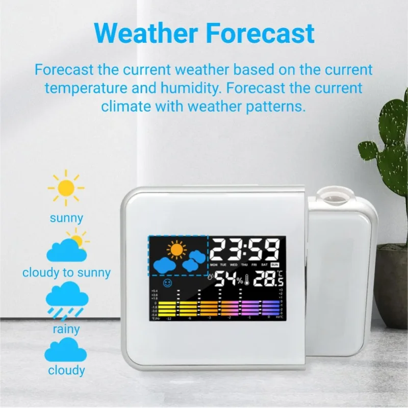 Color Screen Digital Projection Weather Alarm Clock, Electronic LED Adjustable Angle Projection Intelligent Alarm Clock