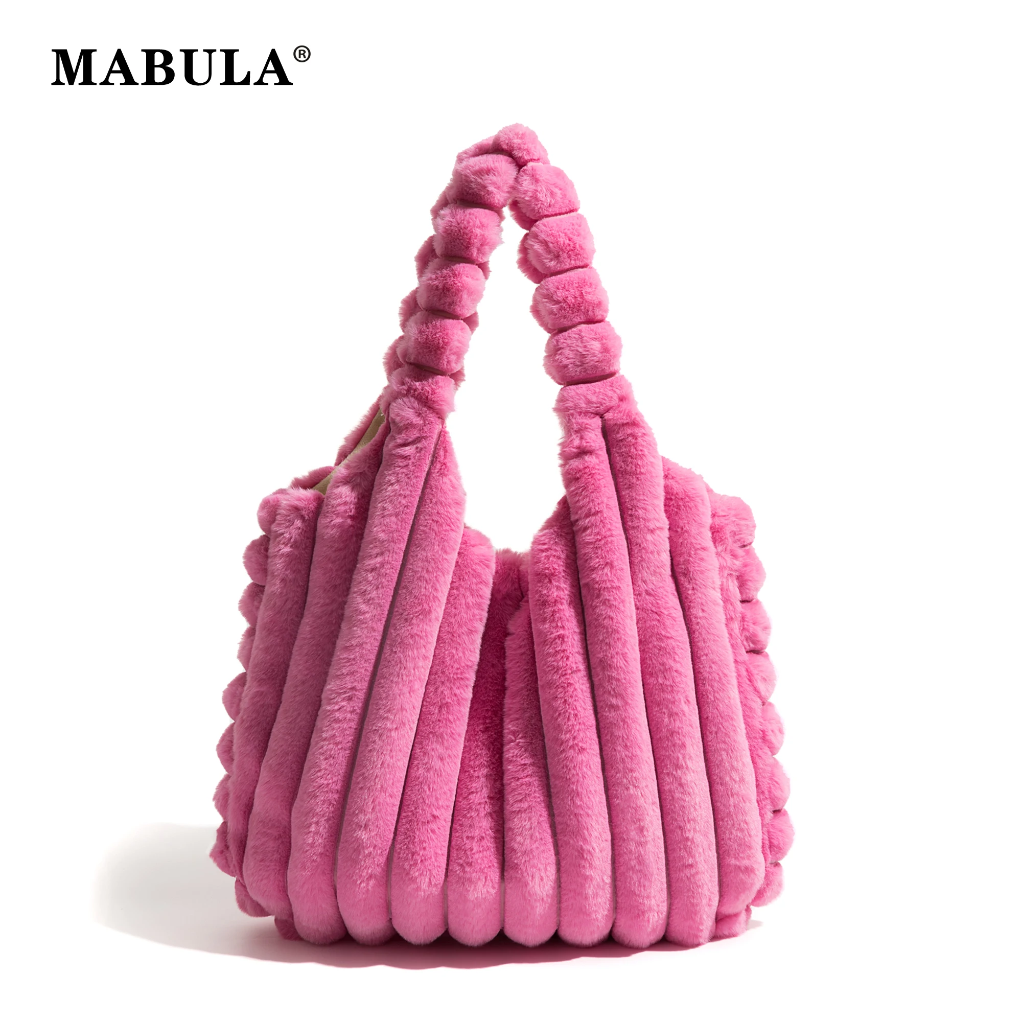 

MABULA Candy Pink Pleated Faux Fur Tote Shopper Handbag 2023 Winter Trendy Women's Fluffy Shoulder Purse Soft Satchel Bag Daily