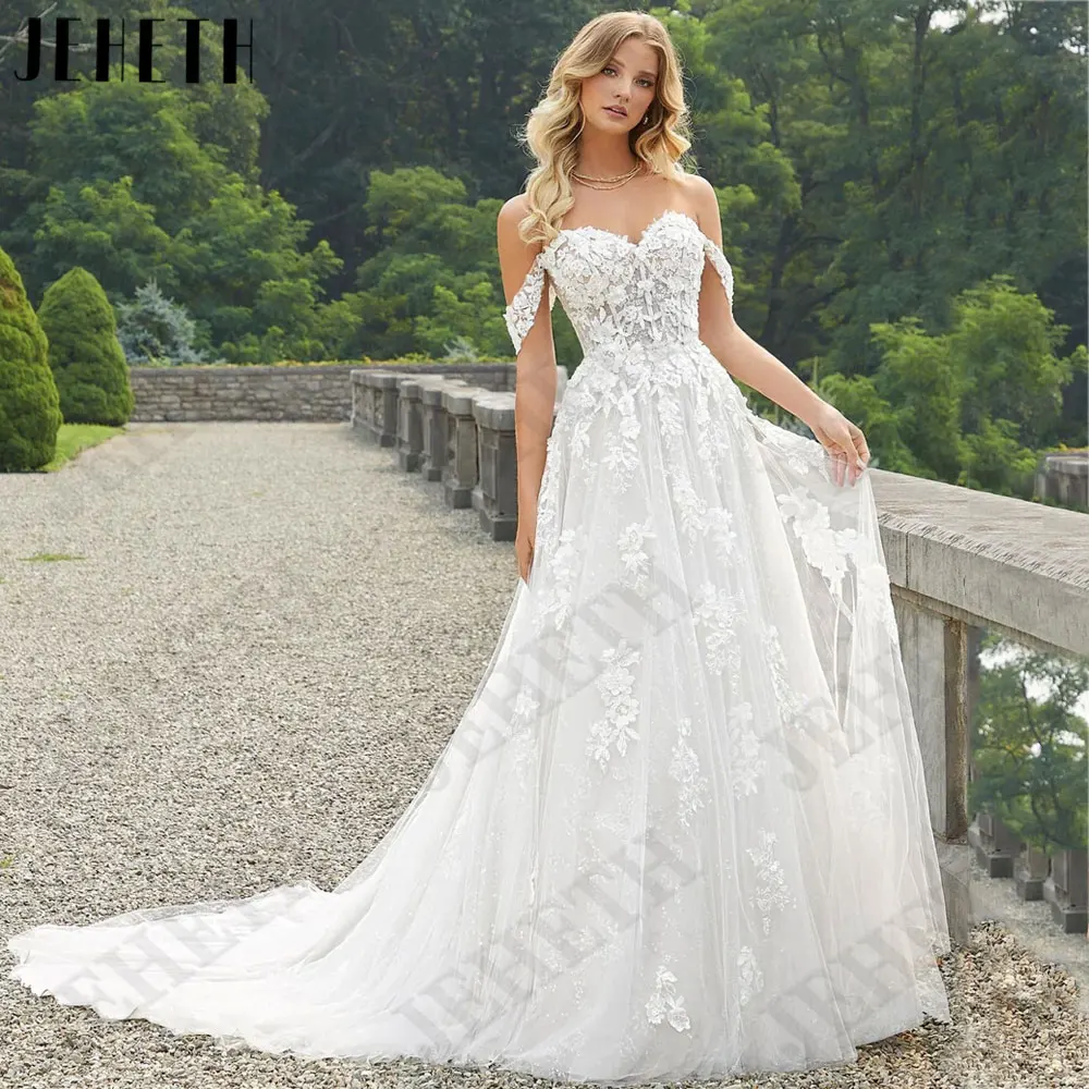 

JEHETH Sweetheart Neck A-Line Wedding Dresses Applique Off Shoulder Bride Gown Sleeveless Backless Buttons vestido de novia 2024