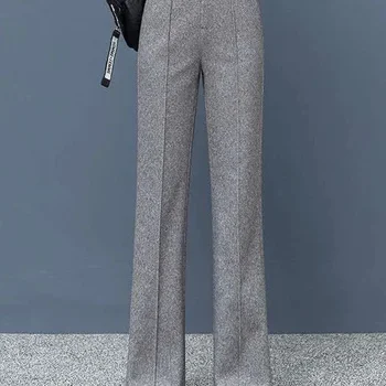 여성용 두꺼운 울 혼방 스트레이트 팬츠, 한국 스타일 모직 와이드 레그 팬츠, 겨울 캐주얼, 하이 웨이스트, 루즈 팬츠, 신상
