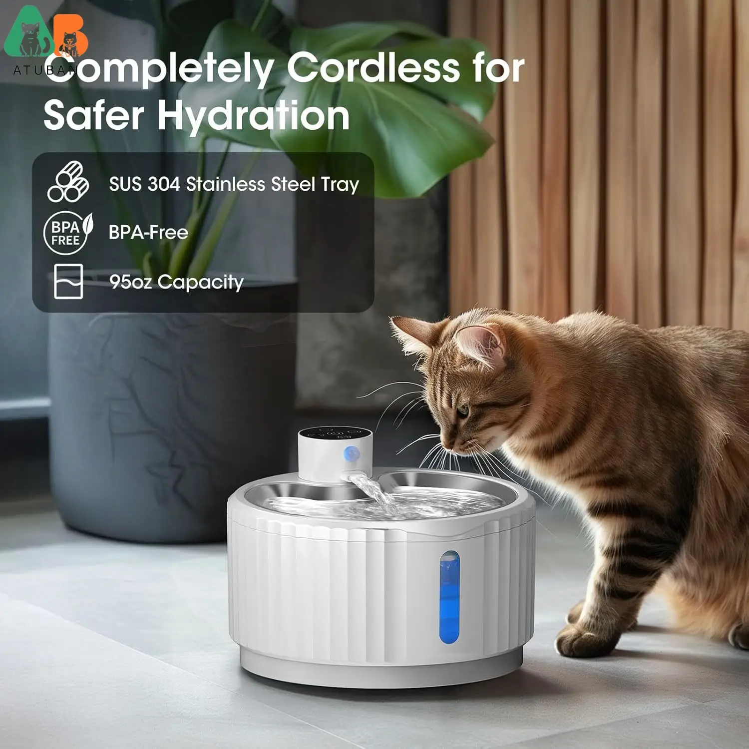 ATUBAN Wireless Cat Water Fountain, 95 oz/2.8 L Battery Operated Pet Water Fountain for Automatic Dog Water Fountain,Quiet Pump 5
