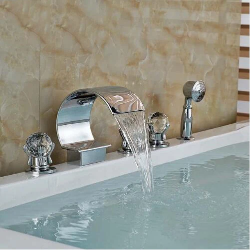 

Deck Mounted Hand Sprayer Bathtub Mixers 5 Install Holes Triple Handles Waterfall Spout Brass Tub Faucet