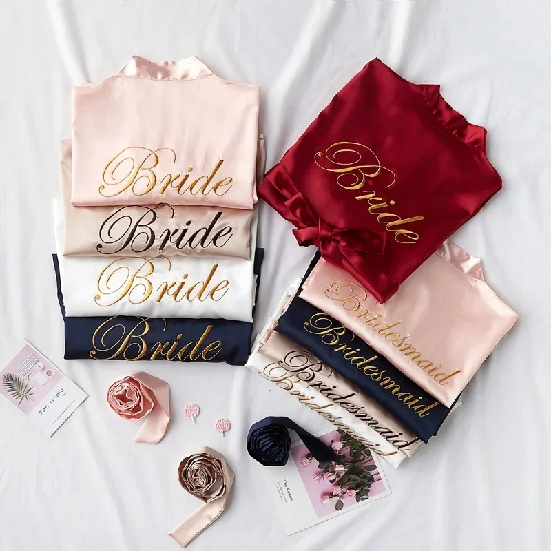 

Champagne bathrobe bride satin-silk kimono women bridal party sister team mother shower sleepwear bridesmaid wedding short robes