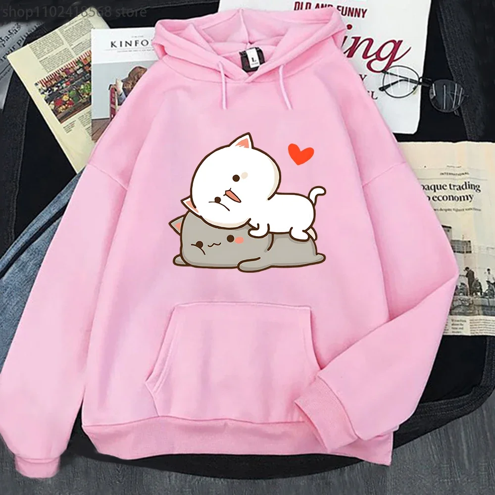 Peach Cat Print Hoodie Kawaii Cartoon Goma Mochi Sweatshirt Women's Clothing Femme Korean Style Streetwear Men Harajuku Hoody