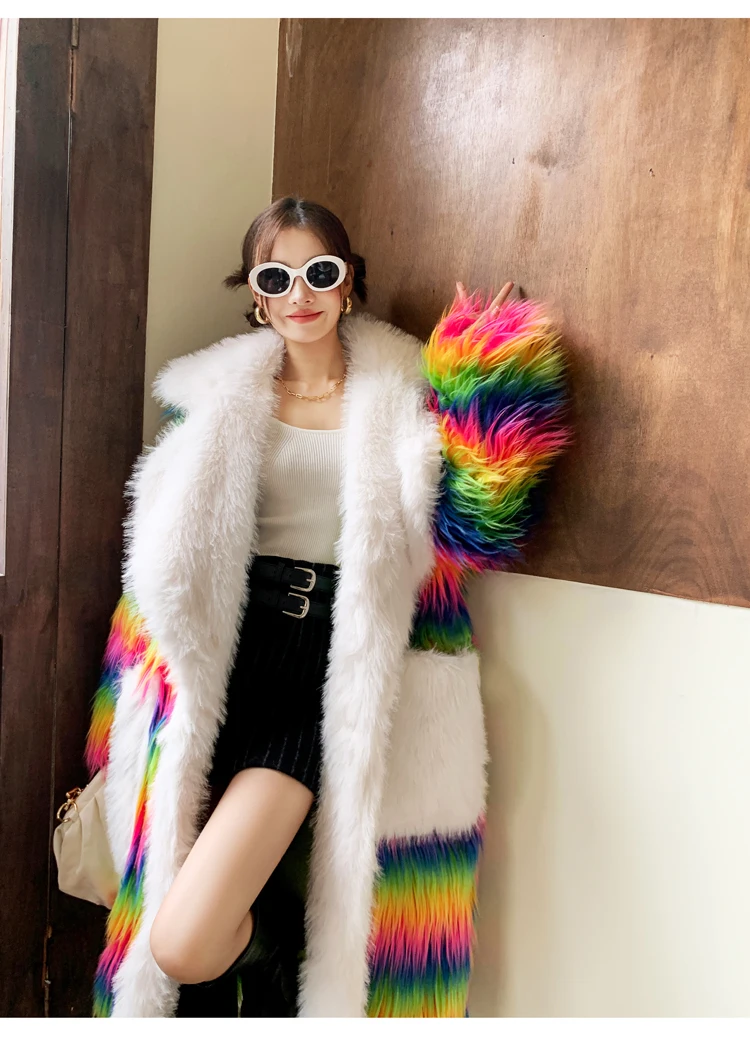 Rainbow Fur Suit Long Loose Lapel Faux Wool Coat Women's Clothing Free Shipping