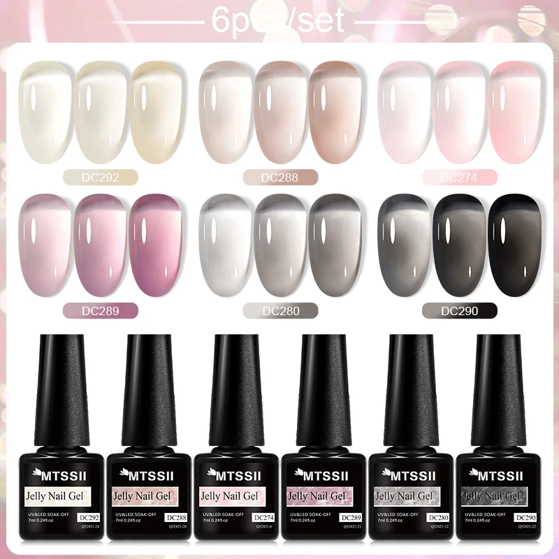 2/6Pcs Jelly Gel Nail Polish Set Black Crystal Translucent Dull Color Semi Permanent Varnish Nail Art Soak Off UV LED Gel Polish 2