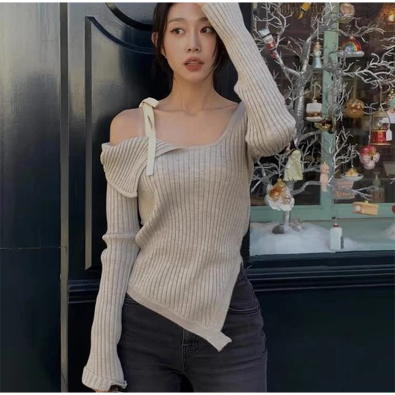 S601044eb4f514bcea431ea3f3cbebb76b Fashion Knitted Pullover Women Street Vintage Lace-up Long Sleeve Female Sweater Spring All-match Slim Solid Lady Knitwear Mallzona
