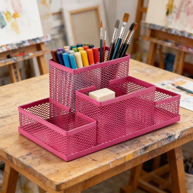 Elegant Iron Art Pen Holder Storage Box – Minimalist Square Desktop Organizer