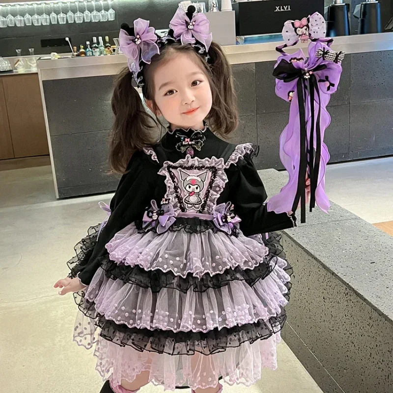 Halloween Sanrio Kuromi Children Dress Cartoon Lolita Princess Dresses Suit Summer Party Sweet Girl Birthday Gifts